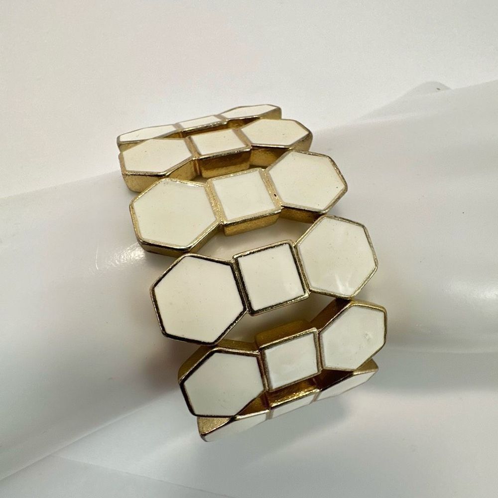 White and gold tone wide stretchy bracelet